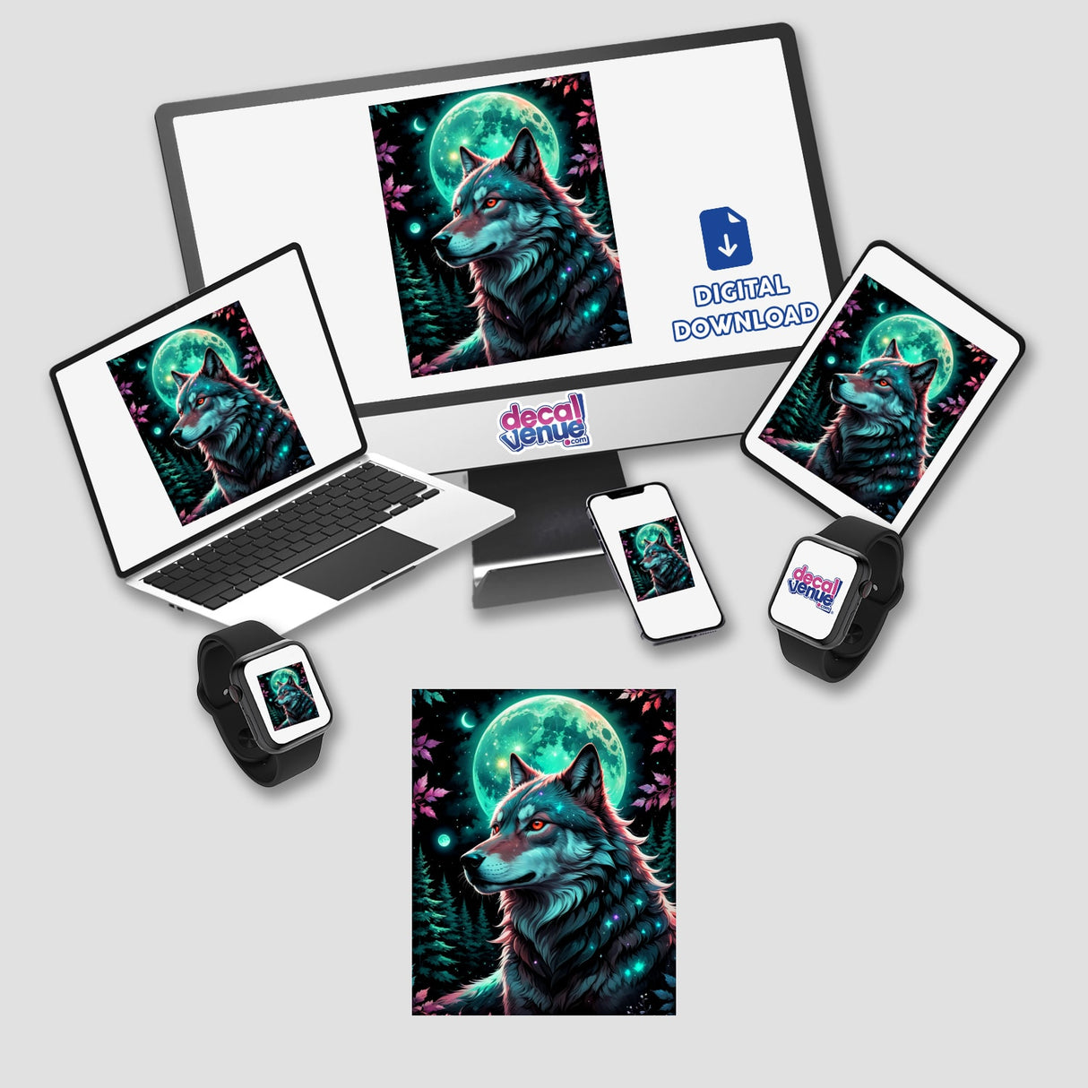 A Wolf In The Night With A Bright Moon displayed on multiple gadgets, showcasing its availability as stickers or digital artwork from Decal Venue, emphasizing unique vinyl stickers and digital art.
