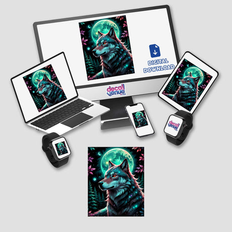 A Wolf In The Night With A Bright Moon displayed on multiple gadgets, showcasing its availability as stickers or digital artwork from Decal Venue, emphasizing unique vinyl stickers and digital art.