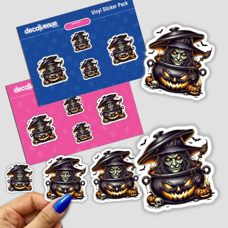 Spooky witch peeking out of glowing pumpkin cauldron in Halloween-themed digital artwork sticker pack