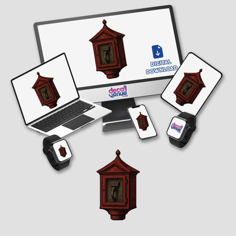 Fire Alarm Box Clipart PNG & Sticker – Vintage Gamewell Printable, showcasing bold Edwardian style, ideal for crafts, history projects, and collectors. Available as high-res PNG or waterproof sticker.