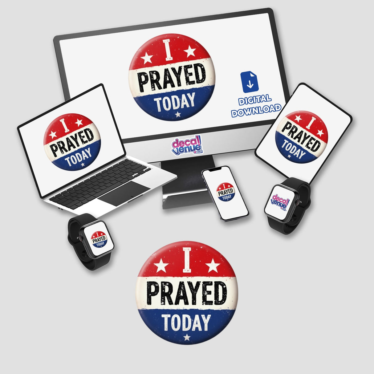 I Prayed Today Clipart - Stickers for Election Day - Commercial Rights Download featuring a laptop, phone, and monitor displaying red, white, and blue buttons with text.
