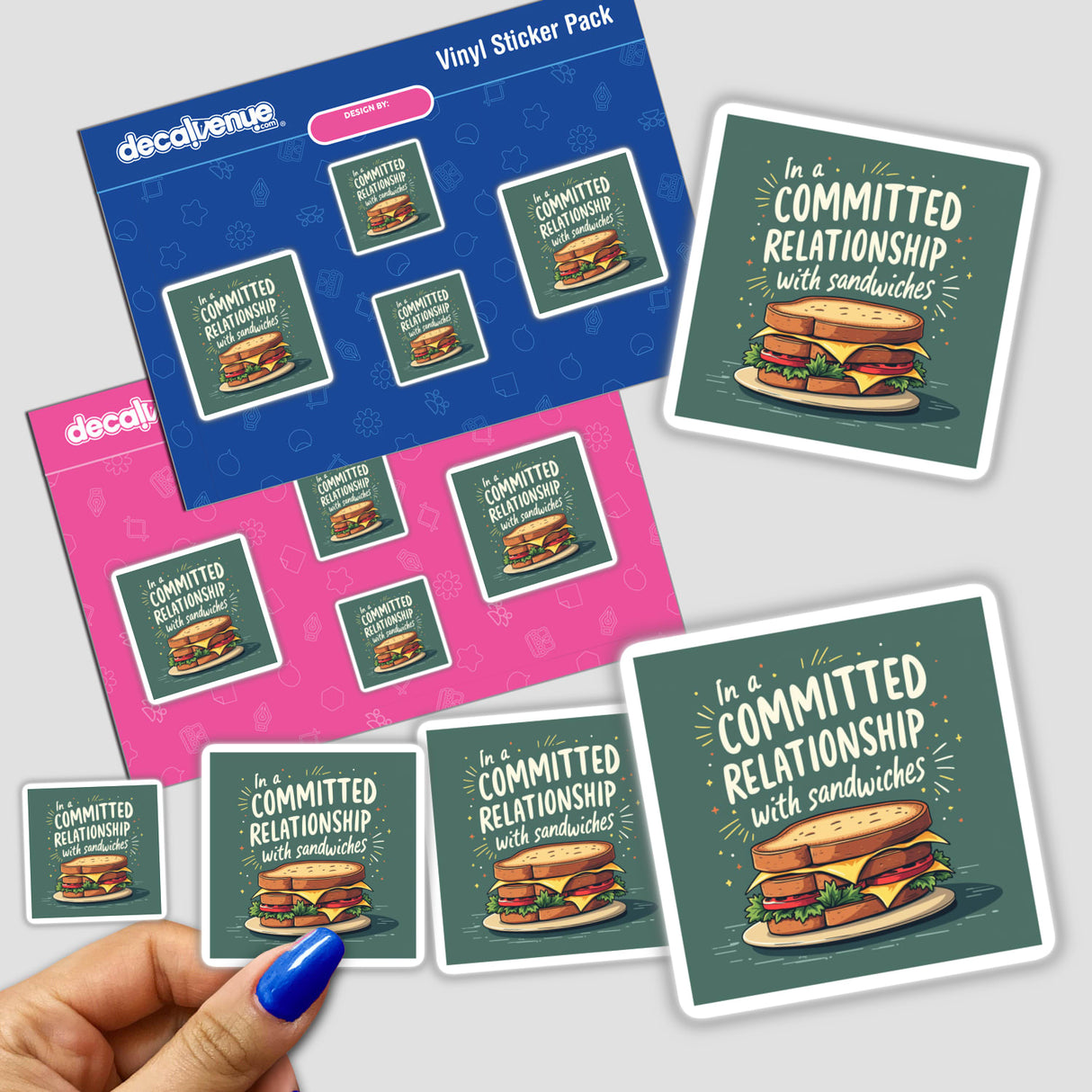 Hand holding a Funny 'In a Committed Relationship with Sandwiches' sticker pack, ideal for sandwich enthusiasts. Available as stickers or digital art, perfect for showcasing sandwich love.