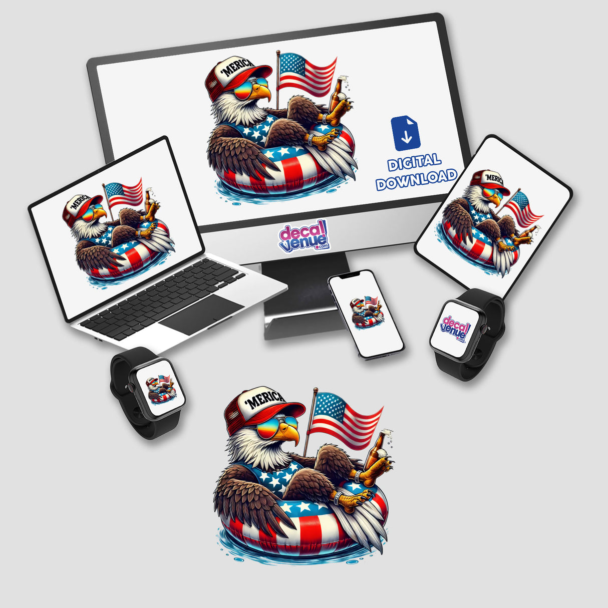 Bald Eagle American Flag Float Merica design on a computer monitor and laptop screen, featuring an eagle with a hat, sunglasses, holding a flag and beer.