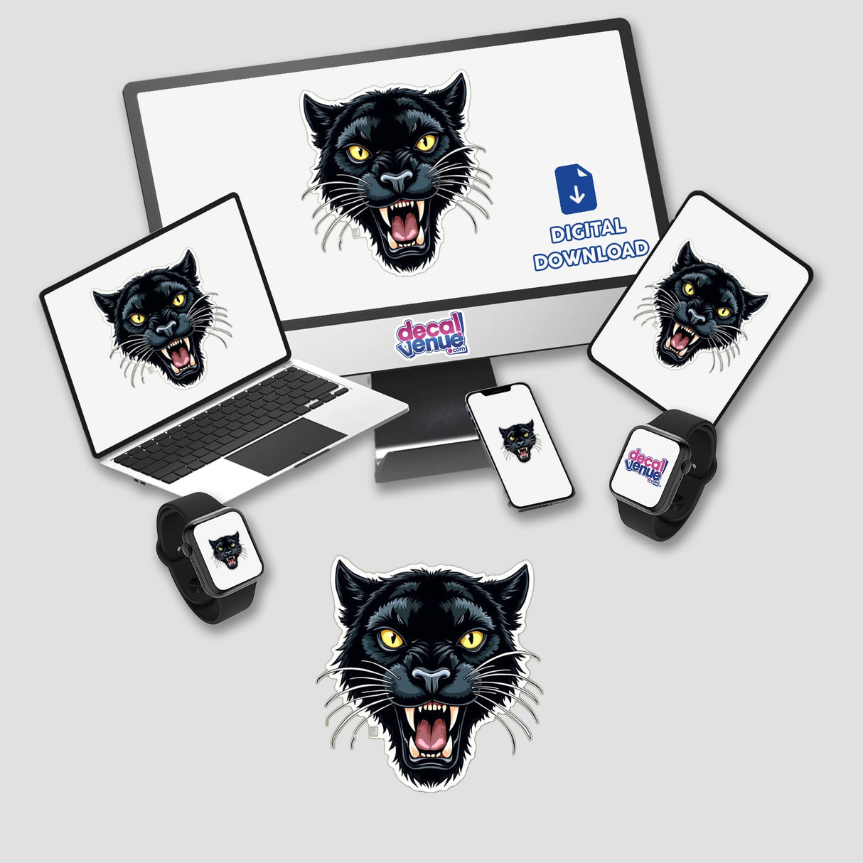 E aí Pantera design featuring a stylized black panther face on a computer monitor and laptop, available as stickers or digital artwork.