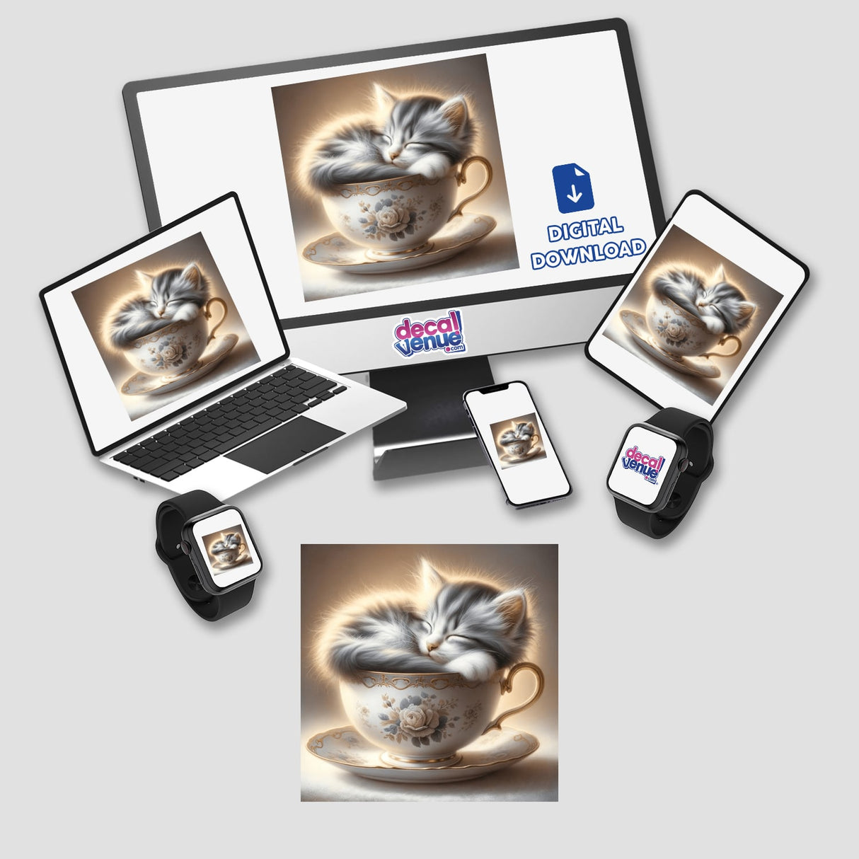 Cozy Kitten in Vintage Teacup digital artwork featuring a sleeping kitten in a teacup, displayed on a laptop, monitor, and smartwatch. Available as unique stickers or digital art.