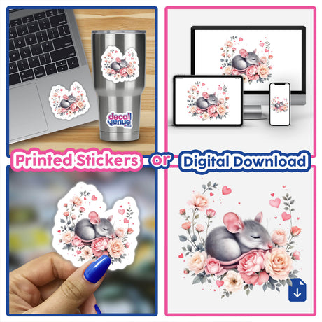 Sleeping Mouse with Roses and Hearts sticker, depicting a cute mouse nestled among roses and hearts, perfect for personalizing items or digital devices with charm and elegance.
