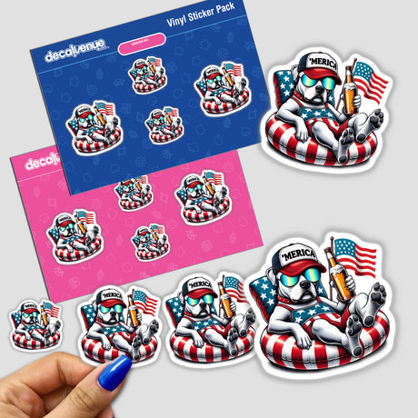 Sticker of a cartoon Pit Bull Terrier on an American flag float, available as a sticker or digital artwork. Hand holding the sticker, showcasing its vibrant design and playful theme.