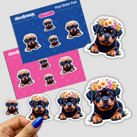 Gentle Rottweiler with a Blooming Floral Crown sticker features a charming cartoon Rottweiler with a vibrant flower crown, embodying loyalty and elegance. Ideal for dog lovers and decor.