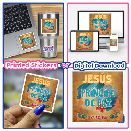 Fauvist Sticker | JESÚS PRÍNCIPE DE PAZ Isaías 9:6 shown on a laptop, highlighting its vibrant design. Available as a sticker or clipart with commercial rights.