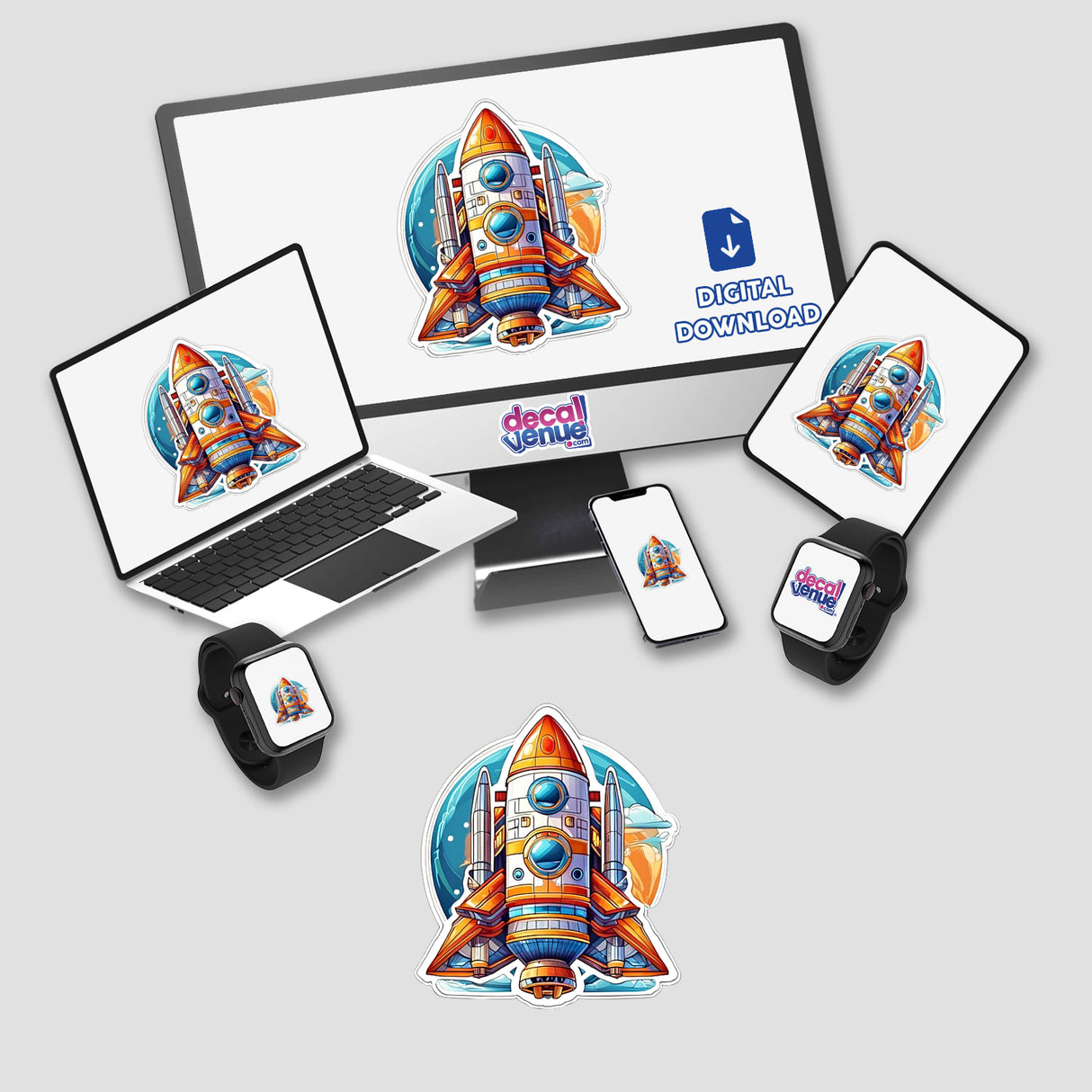 Vibrant digital artwork of a colorful space rocket surrounded by technology devices like laptops and smartphones, showcasing the versatility of the product as a sticker or digital art piece from the Decal Venue store.