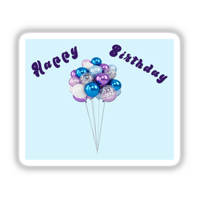 Bunch of multicolored balloons on white strings against a blue background with "Happy Birthday" text