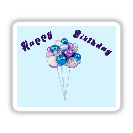 Bunch of multicolored balloons on white strings against a blue background with "Happy Birthday" text