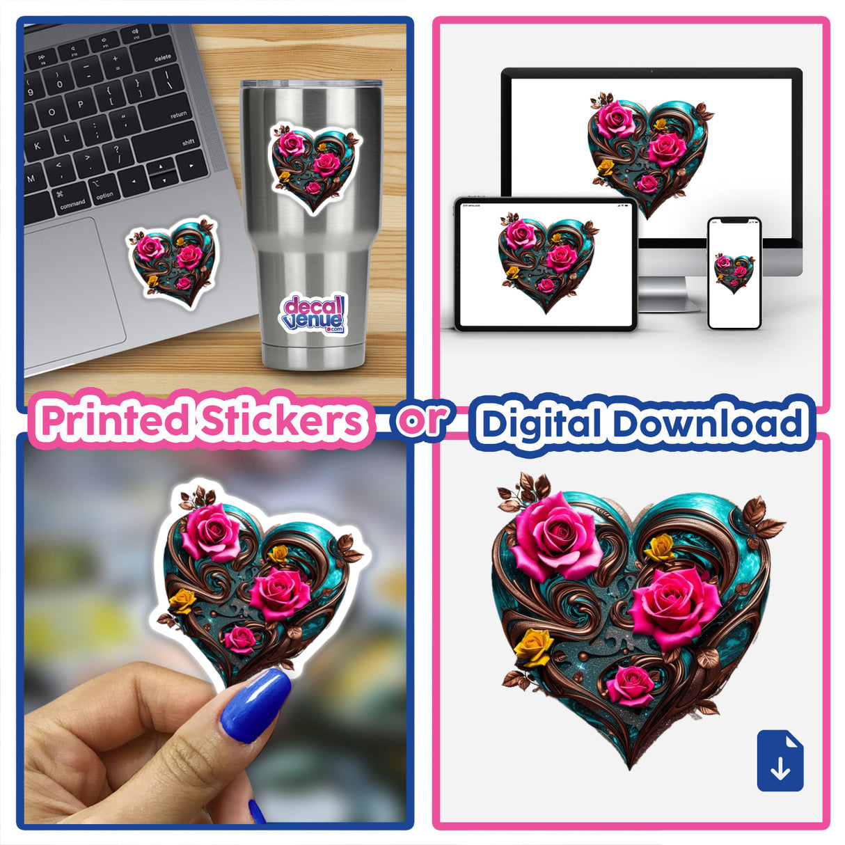 Bronze Swirl Heart with Pink and Yellow Roses, depicted in various forms such as stickers on a laptop and a cup, showcasing intricate floral designs in a collage.