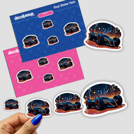 Stickers featuring a futuristic electric race car with a city backdrop, available as unique vinyl stickers or digital artwork from Decal Venue.