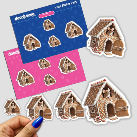 Mouse peeks out of a gingerbread house in a sticker pack, with a close-up of a hand holding one of the stickers.