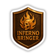 Inferno Bringer – RPG-Style Skill Badge features a gold and bronze flame crest, ideal as stickers or digital artwork, showcasing intricate design elements that resonate with gaming and fantasy enthusiasts.