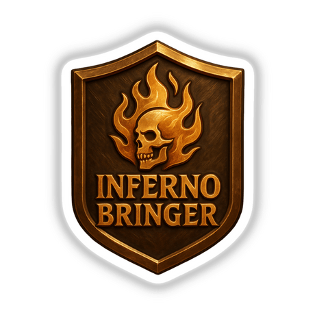 Inferno Bringer – RPG-Style Skill Badge features a gold and bronze flame crest, ideal as stickers or digital artwork, showcasing intricate design elements that resonate with gaming and fantasy enthusiasts.