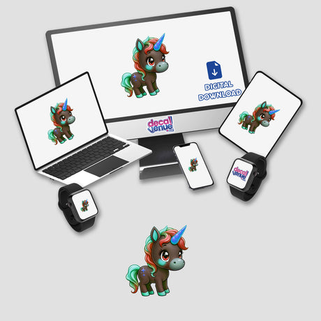Cute And Magical Pony Unicorn displayed on various devices, showcasing its charm as a sticker or digital artwork, ideal for fans of whimsical and unique designs from Decal Venue.