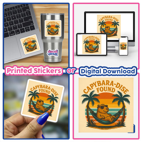 Capybara-dise Found Sticker or Clipart features a playful capybara in a tropical setting, ideal for unique decoration or digital use, reflecting Decal Venue's creative vinyl and digital art offerings.