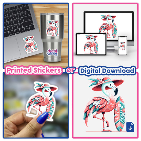 Flamingo in Summer Beach Hat with Surfboard