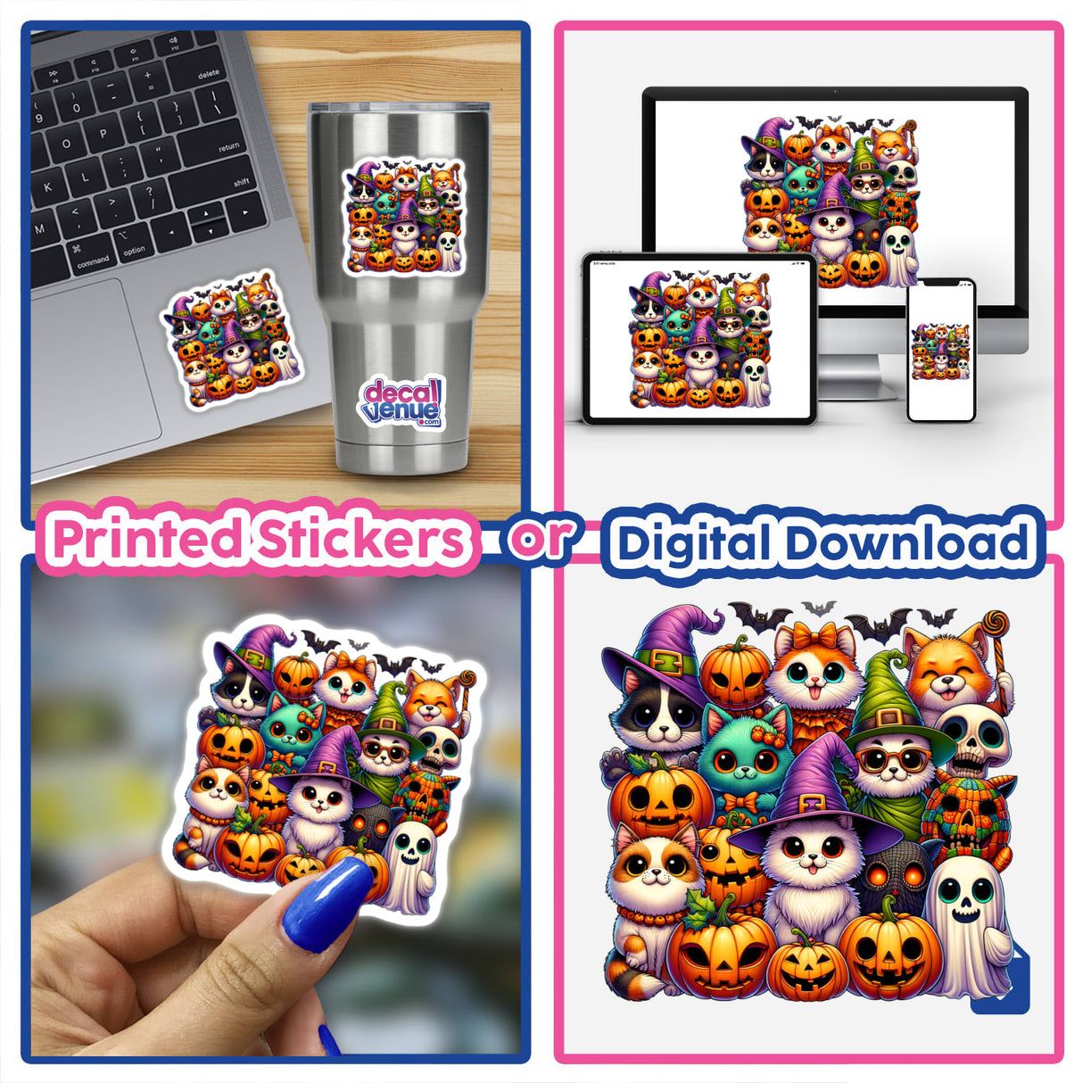 Halloween Clan Portrait collage featuring a laptop with stickers of cartoon cats and pumpkins, a close-up of a hand holding stickers, and a computer screen displaying the digital artwork.