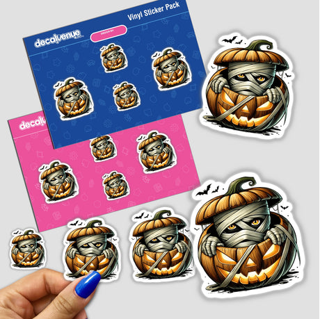 Mummy Peeking Out of Pumpkin Halloween sticker held by a hand, featuring a cartoon mummy inside a pumpkin. Perfect for decorating, crafting, or gifting.