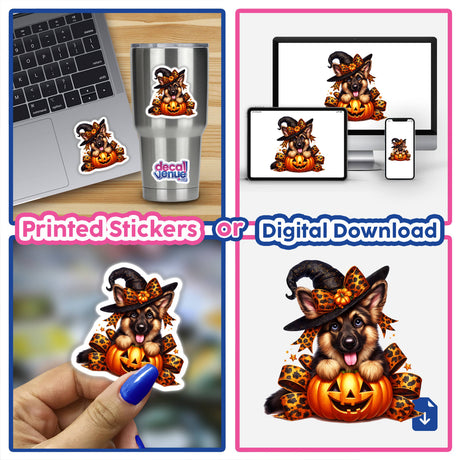 Trick or Treat Halloween German Shepherd Dog digital artwork featuring a dog wearing Halloween costume and accessories like pumpkins, leaves, and bows displayed on various devices and products.