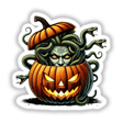 Creepy Halloween pumpkin with Medusa-like snakes emerging, digital art sticker