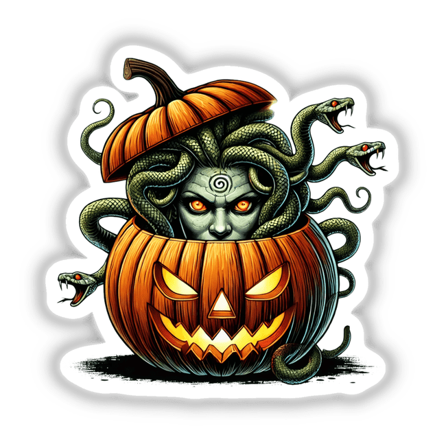 Creepy Halloween pumpkin with Medusa-like snakes emerging, digital art sticker