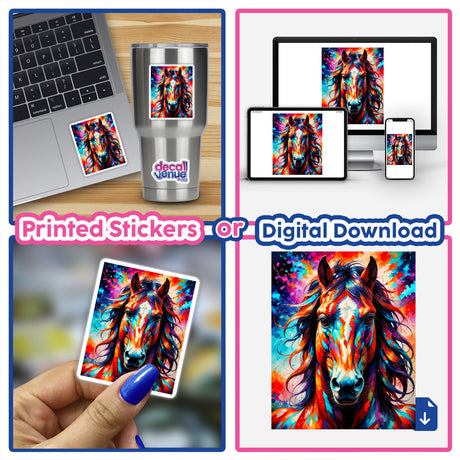 Collage featuring A Cute Horse - Animal Portrait as a digital artwork on a laptop and phone, highlighting its availability as stickers or digital art from Decal Venue.