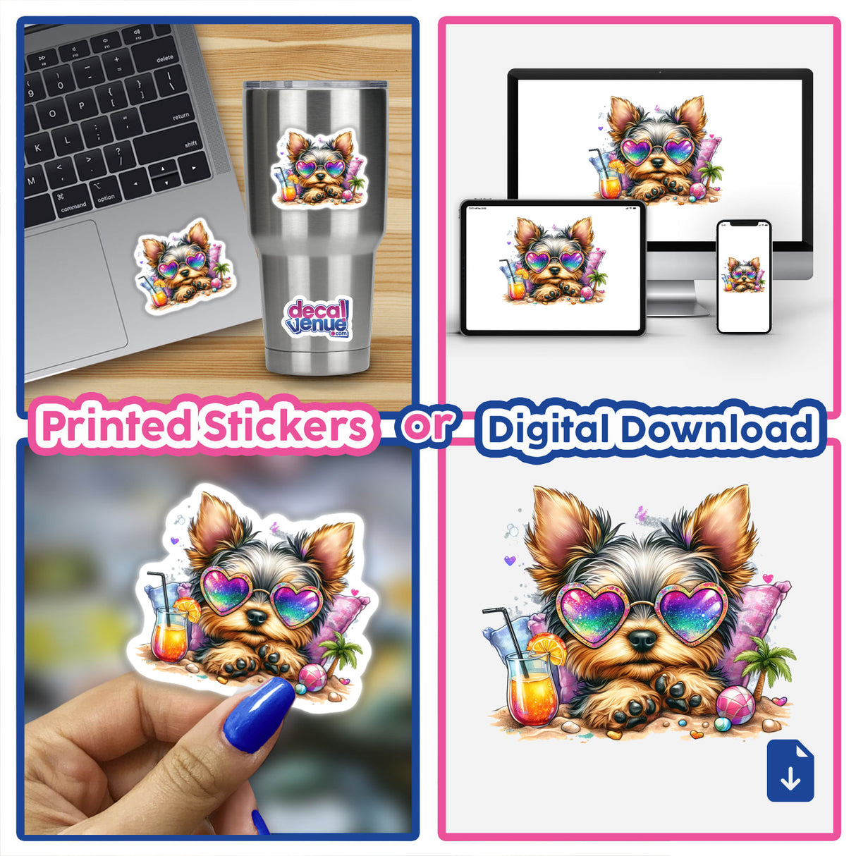 Colorful Yorkie dog wearing sunglasses and relaxing on tropical island, featured on variety of digital and printed products from Decal Venue.