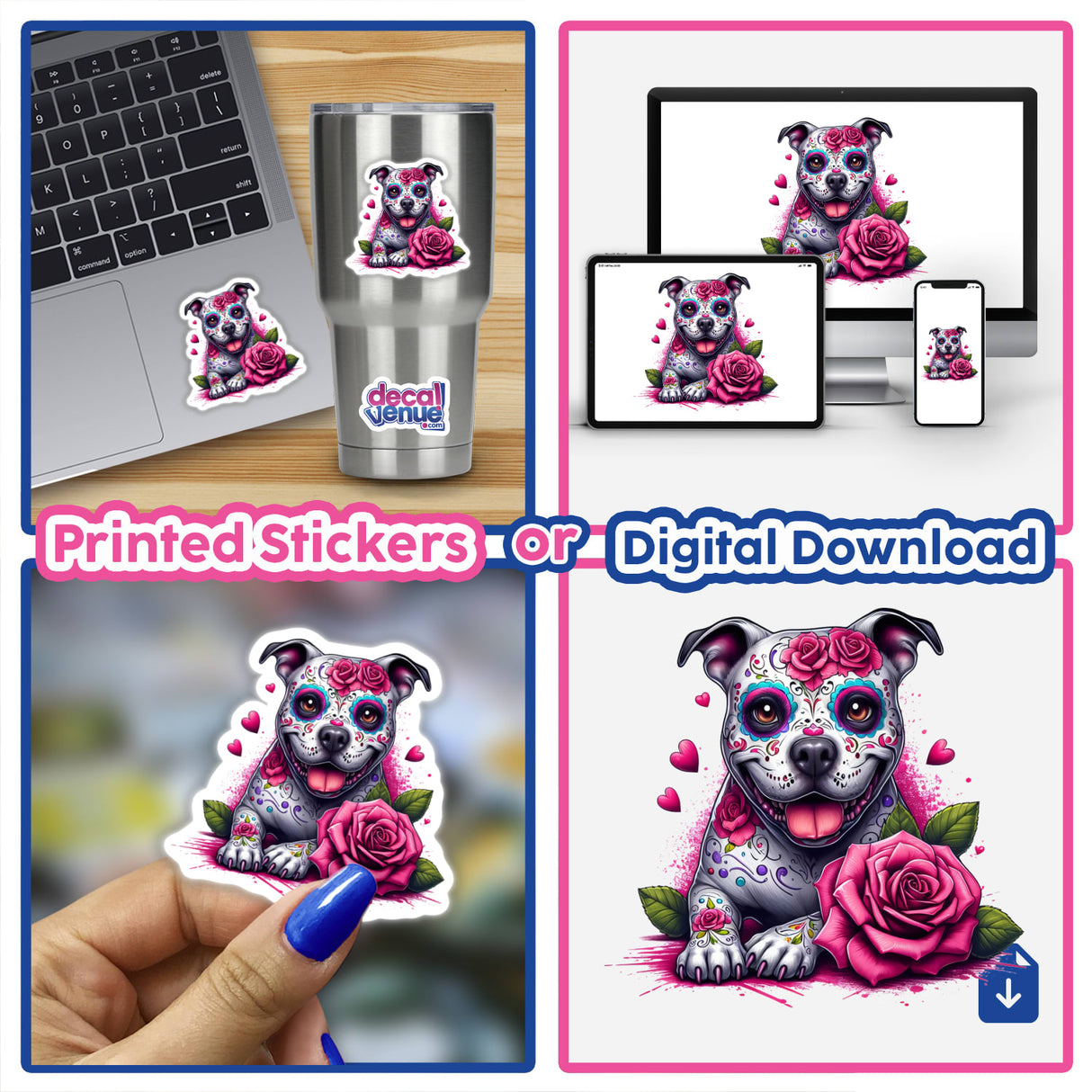 Collage featuring Sugar Skull Roses Pitbull Dog stickers and digital art, showcasing a laptop with a sticker and a close-up of a sticker on a cup.