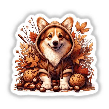 Adorable Autumn Corgi in Cozy Sweater - Vibrant digital art of a cheerful corgi dog wearing a warm hooded sweater surrounded by colorful fall foliage, pine cones, and mushrooms.