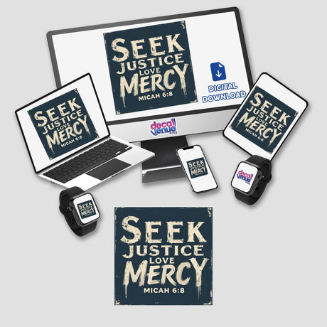 Seek Justice, Love Mercy - Micah 6:8 - Christian Sticker or Clipart, featuring a laptop and monitor with logos, ideal for commercial use as digital artwork or stickers.