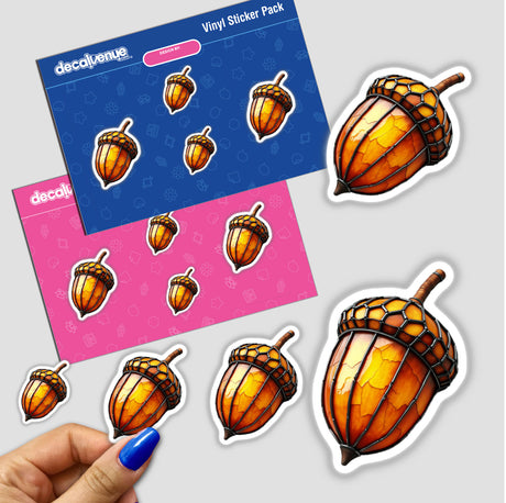 Acorn Stained Glass Style stickers featuring detailed acorn designs, available as a sticker pack or digital artwork, reflecting Decal Venue's unique artistic flair.