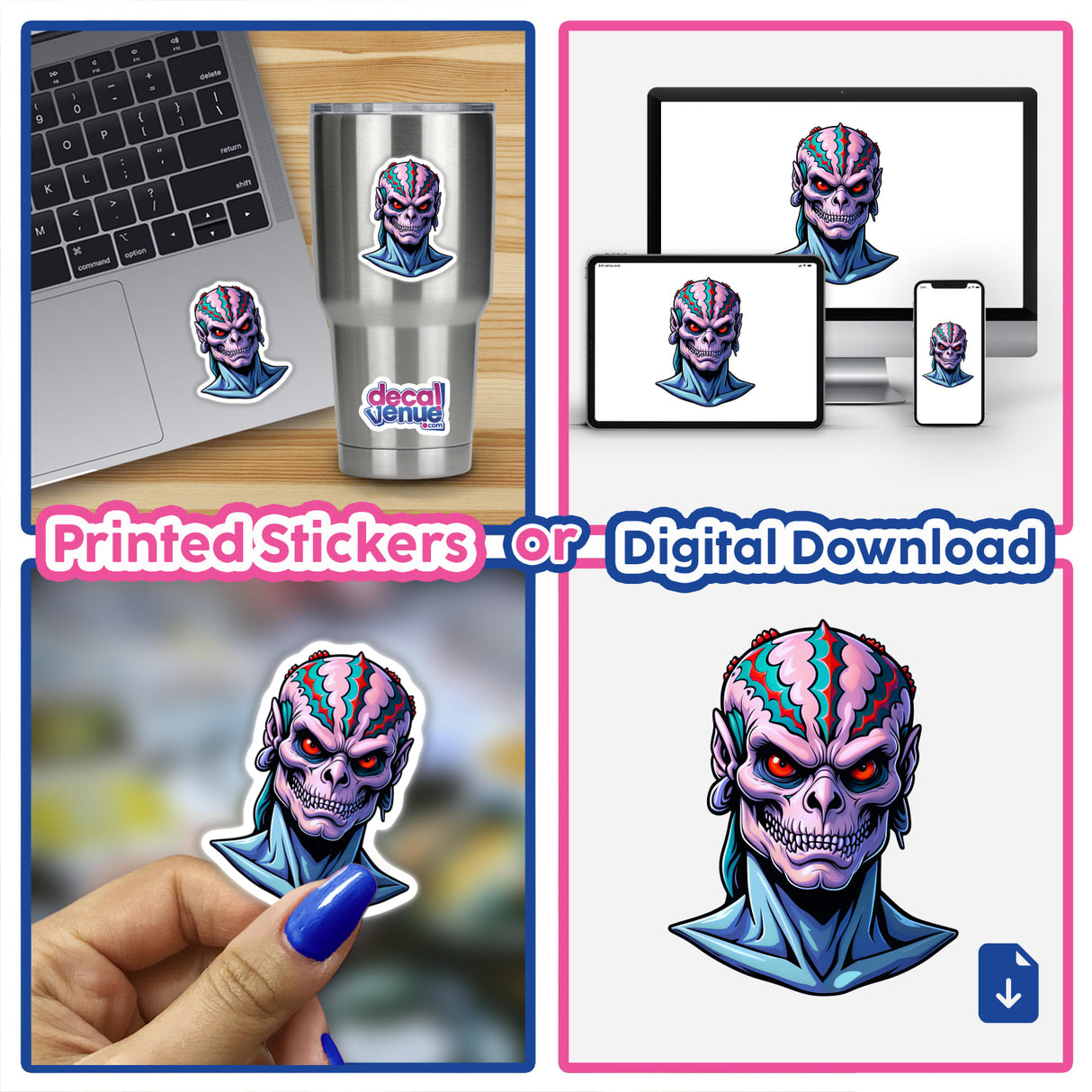 a set of three stickers of an alien head
