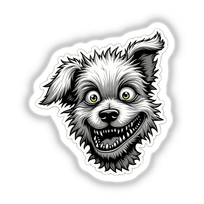 Cartoon dog with sharp teeth titled Cachorro Cinzentado, available as stickers or digital art.