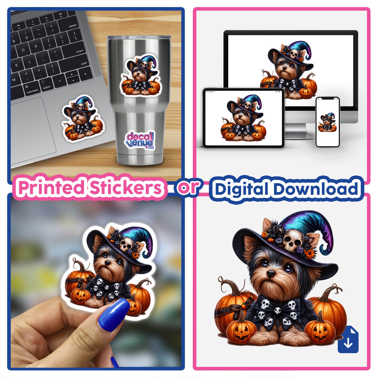 Halloween Yorkie Dog and Skulls sticker collage featuring a cartoon dog in various hats, including one with pumpkins, displayed on items like a laptop and cup.