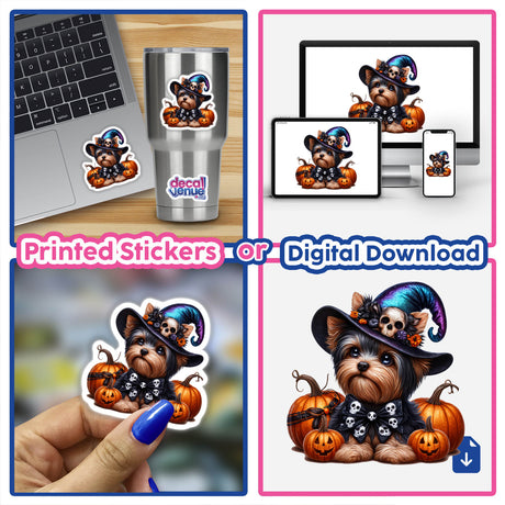 Halloween Yorkie Dog and Skulls sticker collage featuring a cartoon dog in various hats, including one with pumpkins, displayed on items like a laptop and cup.
