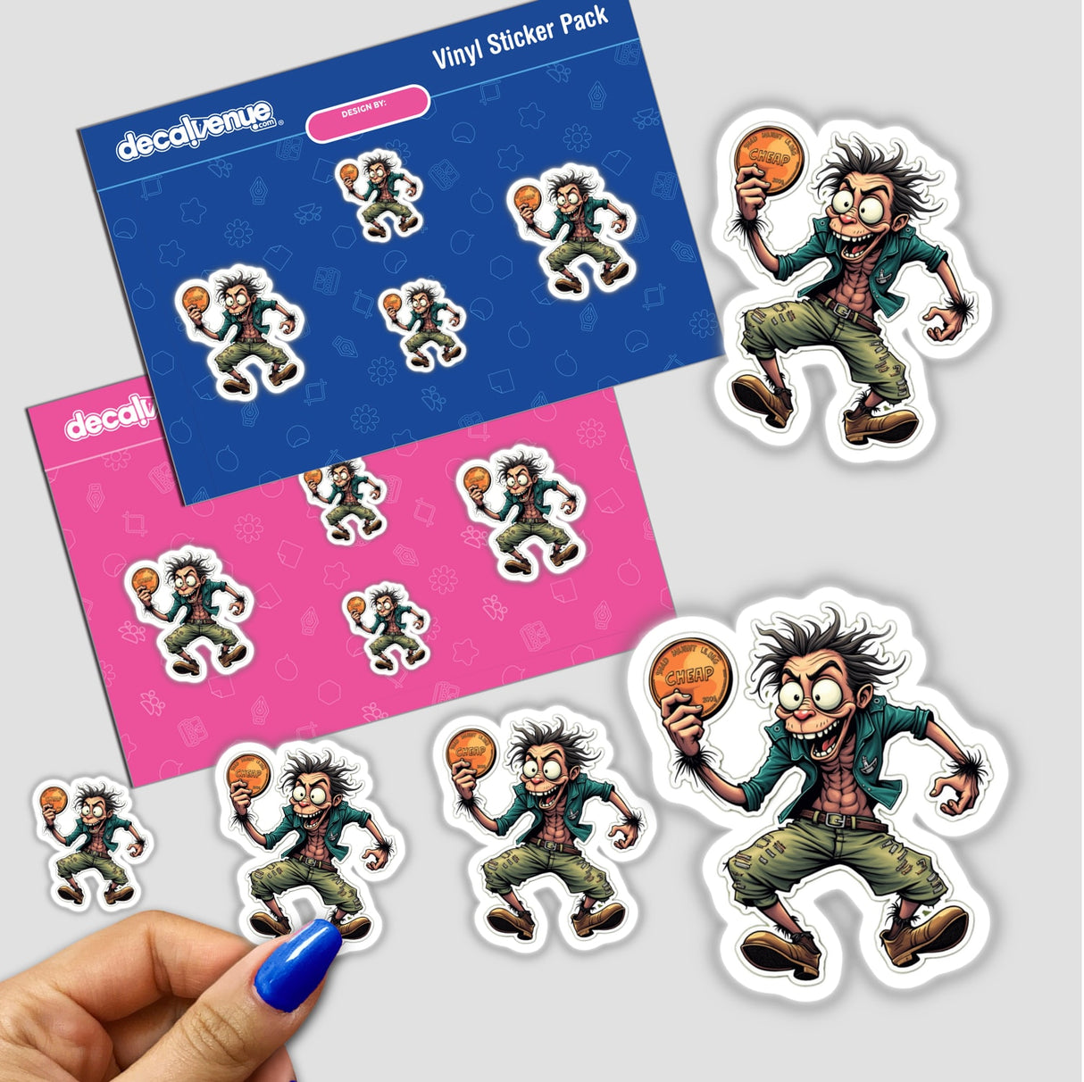 Cartoon sticker pack titled Achei uma Moeda, featuring characters holding coins, available as stickers or digital artwork.