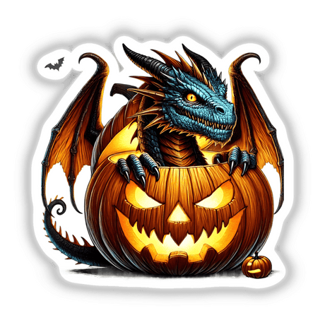 Spooky dragon peeking out from illuminated Jack-o'-lantern, surrounded by bats - digital Halloween artwork from Decal Venue.