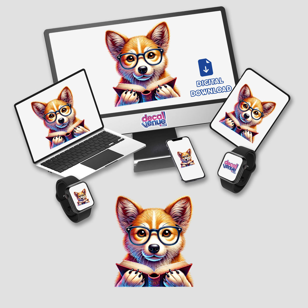a laptop, phone, and tablet all have stickers on them