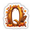 Fall Aesthetic Letter Q Clipart featuring pumpkins, leaves, and corn cob; available as stickers or digital artwork with commercial rights.
