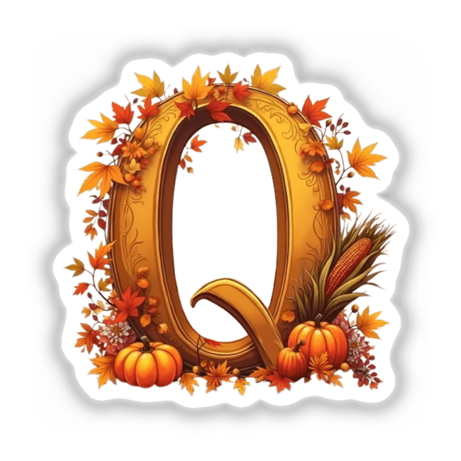 Fall Aesthetic Letter Q Clipart featuring pumpkins, leaves, and corn cob; available as stickers or digital artwork with commercial rights.
