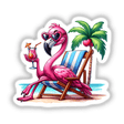 Relaxing pink flamingo with sunglasses enjoying a tropical drink on a beach chair under a palm tree