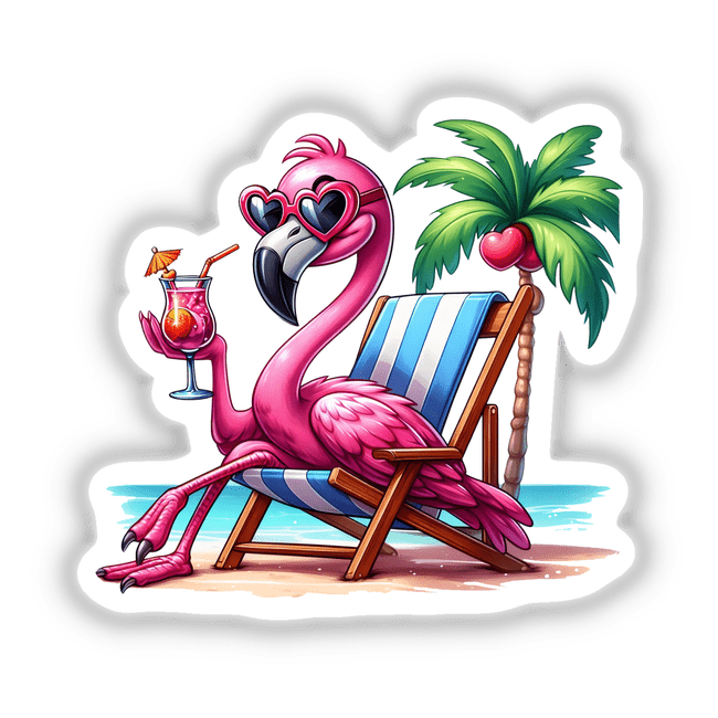 Relaxing pink flamingo with sunglasses enjoying a tropical drink on a beach chair under a palm tree