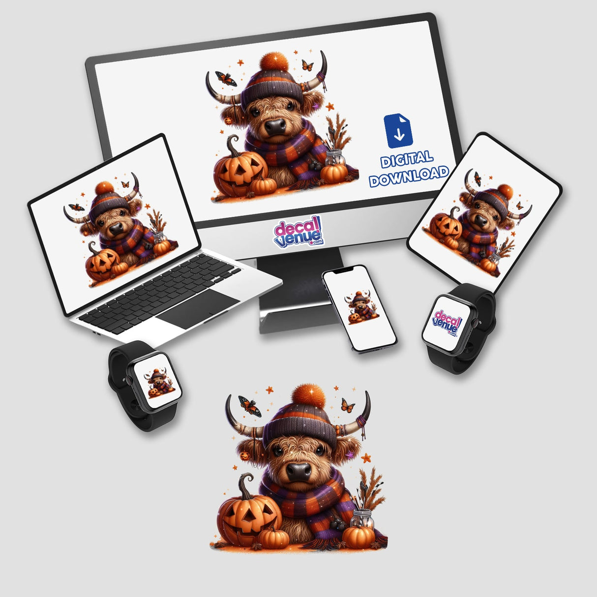Bundled Up Autumn Highland Cow digital artwork displayed on various devices, including a monitor and laptop, featuring a cartoon cow wearing a hat and scarf amidst pumpkins and butterflies. Available as stickers or digital art.