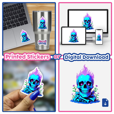 A Skull And Bones On Fire sticker on a laptop, depicting a vivid skull amidst flames, embodying edgy design and individuality. Perfect for adding flair to personal items.