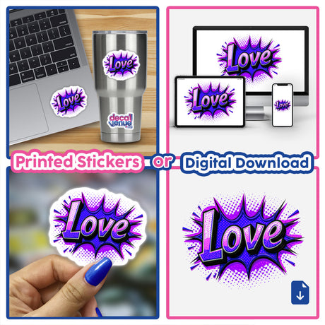 Collage of Love Valentine's Day stickers and digital artwork, featuring designs on a laptop and phone, highlighting creative expressions for personalizing gadgets, available from Decal Venue.