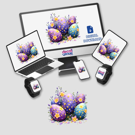 Whimsical Magical Eggs with Blooming Springtime displayed on a computer monitor and laptop, showcasing intricate designs of decorated eggs and flowers, available as stickers or digital artwork from Decal Venue.